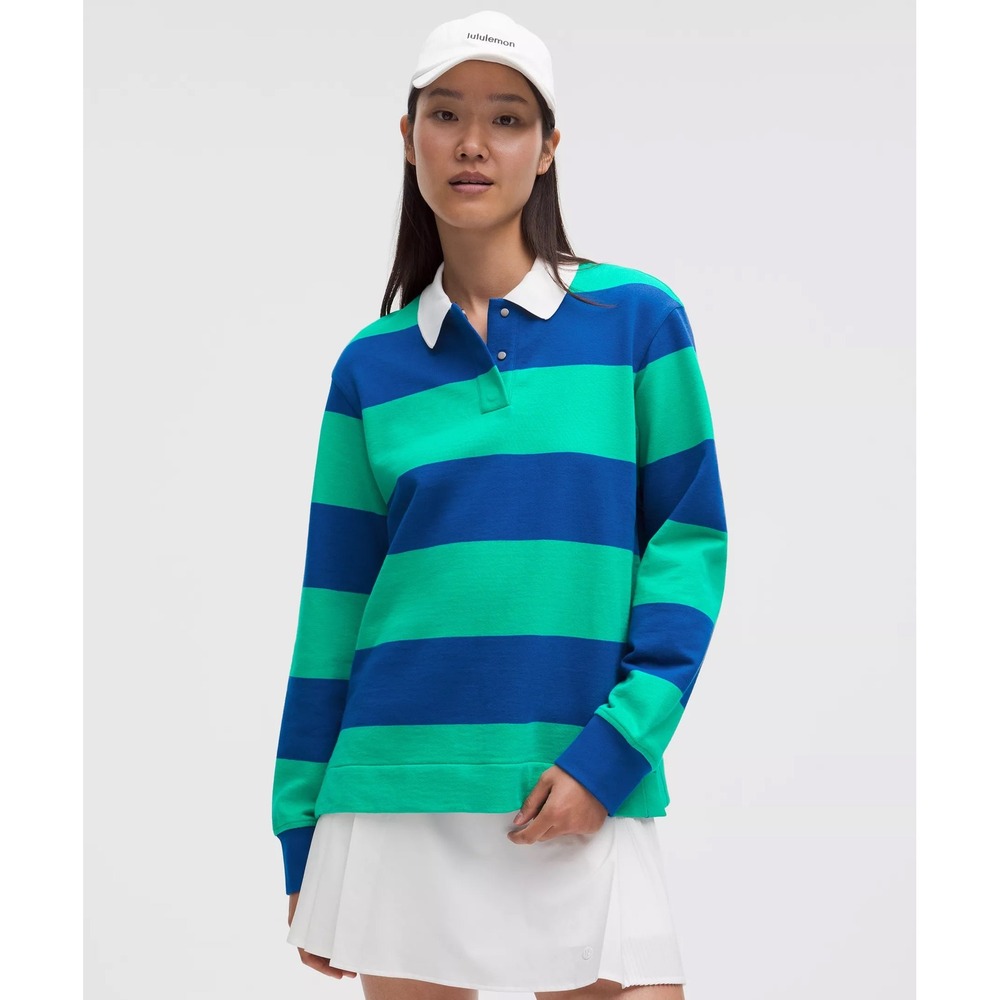 Lululemon Womens Rugby Polo Shirt Blue Green Striped Long Sleeve Size XL